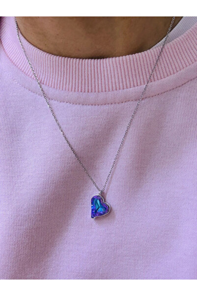 Pazarois قلادة من الفولاذ المقاوم للصدأ على شكل قلب من الحجر الأزرق الأرجواني