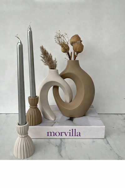MorVilla Modern Dekoratif 4’lü Set | 2 Adet Soyut Vazo & 2 Adet Şamdan Mumluk...