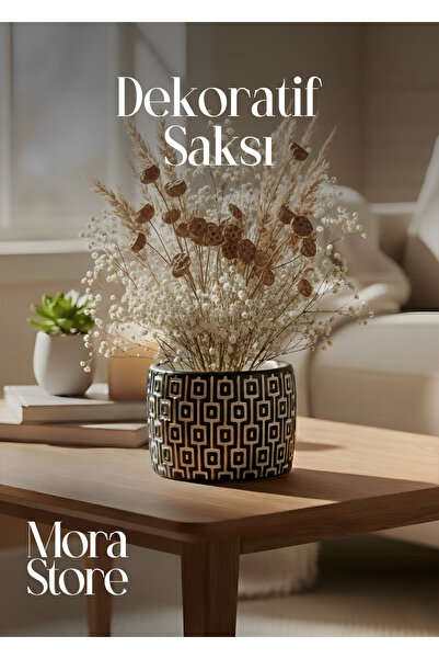 mora store Bohem Tarz Siyah Beton Saksı 14×10 cm | Ev–Ofis Dekorasyon İçin Mo...