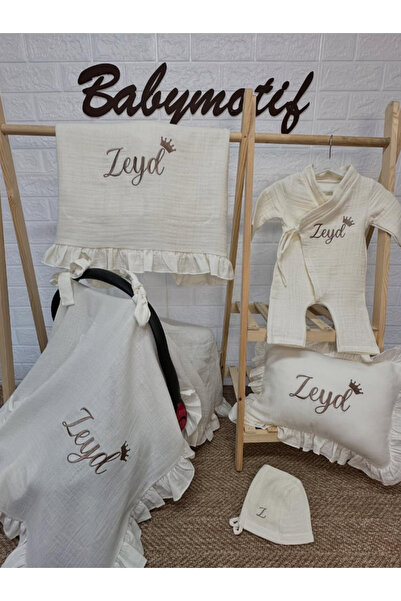 babymotif İsimli nakışlı 5 li müslin set (battaniye yastık puset örtüsü bağla...