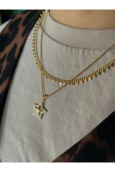 D&Z ACCESSORİES 2’li Gold Rengi Çelik Kolye Seti | Zirkon Taşlı Yıldız Figürl...