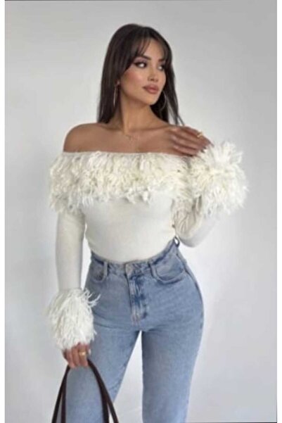 Azra Moda Style New Season Trend Madonna Collar Sleeve Tassel Detail Knitwear Sweater Women