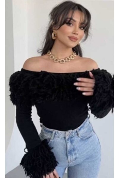 Azra Moda Style New Season Trend Madonna Collar Sleeve Tassel Detail Knitwear Sweater Women