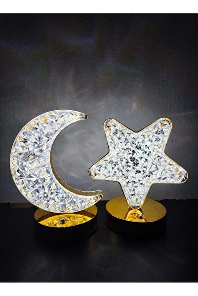 Ramadan Set of 2 Moon and Star Golden Acrylic Crystal Table Lamp with 3 Lighting Modes and Touch Dimming