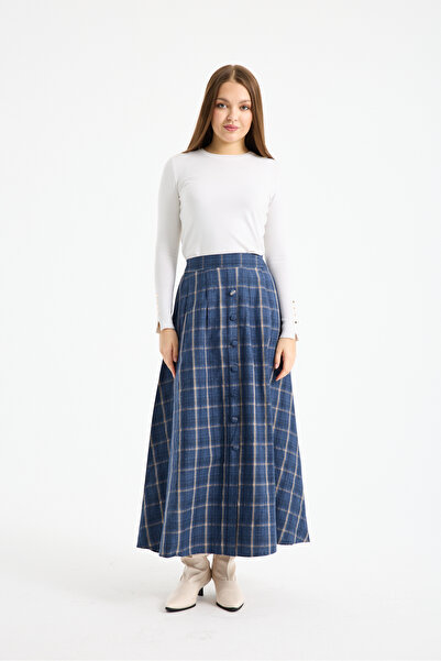 PINTORE Kadın Cepli Düğme Detaylı Uzun Ekose Etek