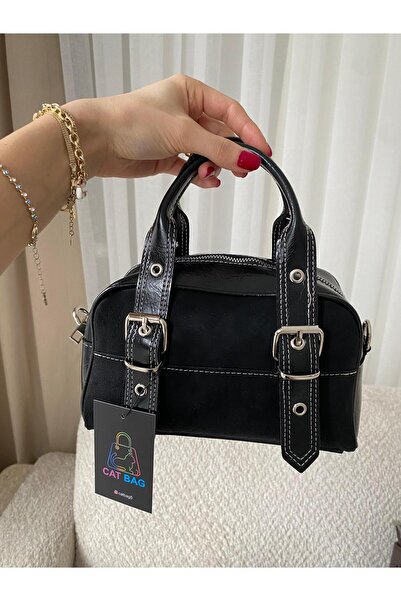 ÇANTA Cat Bag Black Suede Textured Belt Detail Hand Bag
