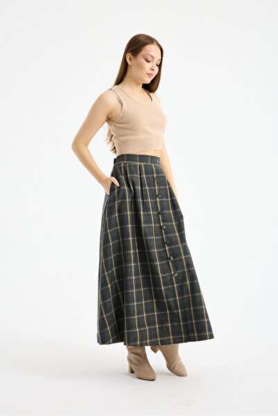 PINTORE Women's Long Plaid Skirt with Pockets and Button Detail