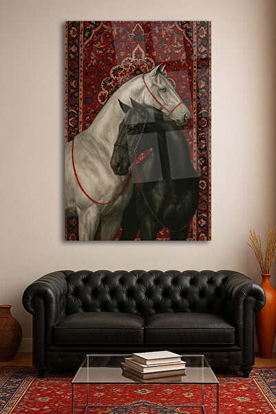 moontime alaçatı Aşk Temalı Lüks Cam Tablo, At Figürü, İran Halısı Detaylı He...