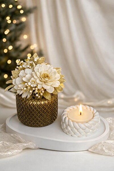 Glowa Gold Vazolu ve Beyaz Mum Dekoratif Masa Seti – Şık & Minimal Ev Dekoru(...