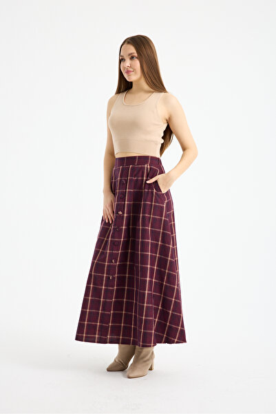 PINTORE Women's Long Plaid Skirt with Pockets and Button Detail