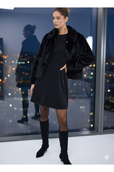 MAG FASHİON Black Dress Glitter Fabric Skirt Flared Dress Graduation Dress