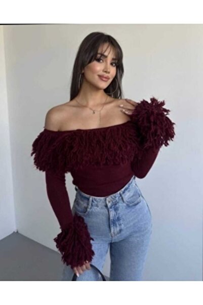 Azra Moda Style New Season Trend Madonna Collar Sleeve Tassel Detail Knitwear Sweater Women