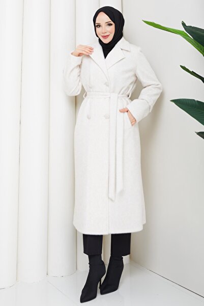 Günay Karaca Angora Fur Women's Winter Coat Ecru Double Button Double-Breaste...