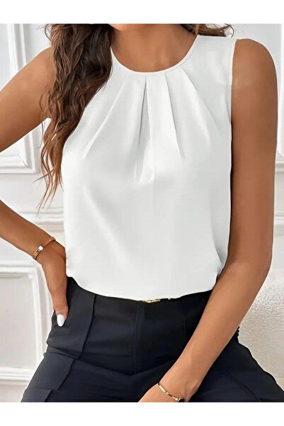 Queene Dreams Γυναικεία μπλούζα με μηδενικό μανίκι με πλισέ εισαγόμενη κρεπ