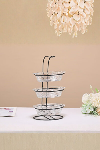 Generic Three-tiered glass serving stand with an elegant metal frame