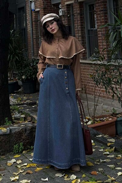 ZÜLAYS Cep Detaylı Denim Etek Açık Mavi