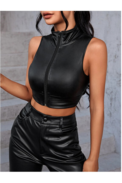 valedia Pu Deri Fermuarlı Crop -Kapsız