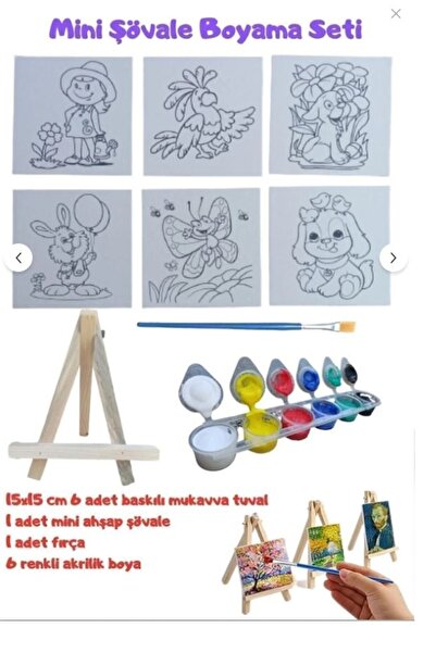 hobi market art Mini Şövale Çizimli Resim Başlangıç Seti, Akrilik Boya, Fırça...