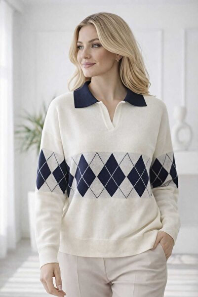 ZARİNCE LİFE سترة تريكو نسائية قصة فضفاضة بياقة بولو منقوشة بنمط أرجايل 08