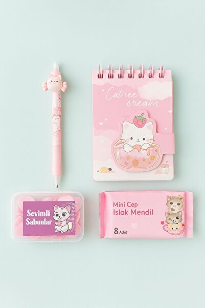 matheon Pembe Kedili 4’lü Kız Çocuk Hediye Seti | Defter Uçlu Kalem Mini Islak Mendil Sevimli Sabun Set