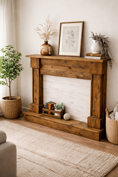 Woodymoda Masif Çam Ahşap Dekoratif Şömine Görünümlü Konsol – Ceviz Rustik – El Yapımı