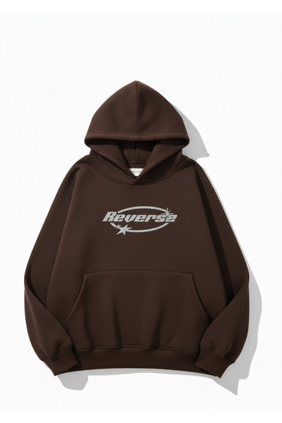 Mayer Butik سويت شيرت بتصميم عكسي - حجر مطبوع قصة فضفاضة مبطن بالصوف بغطاء رأس