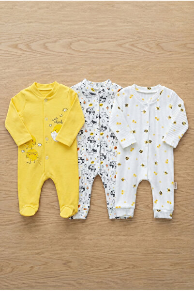 Noone 3-Pack 100% Cotton Cute Animal Figure Baby Romper Set - Chick, Bee and Raccoon Patterned