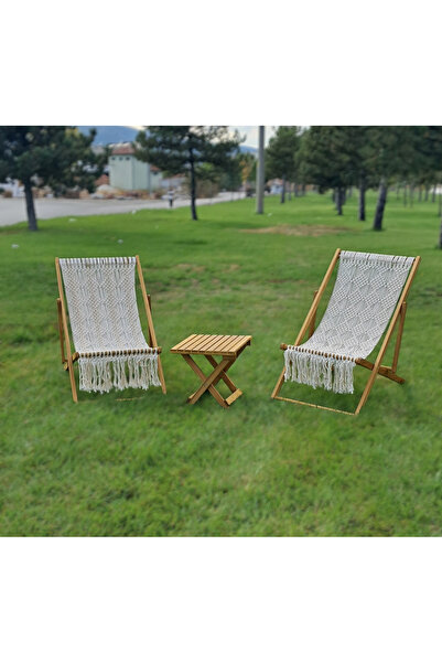 Ahsapland Ahşap Bahçe Balkon Teras Mobilyası, Makrome Şezlong Seti(2+1)