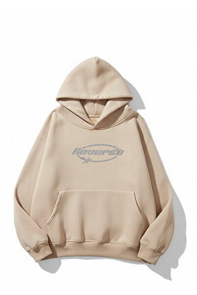 Mayer Butik سويت شيرت بتصميم عكسي - حجر مطبوع قصة فضفاضة مبطن بالصوف بغطاء رأس