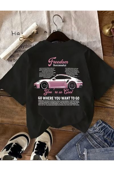 LELVANİ Pink Car Printed Pattern T-Shirt