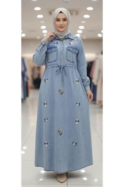 AXXAN Women's Denim Dress Half Placket Pocket Flap Floral Embroidery Lace-Up Dress