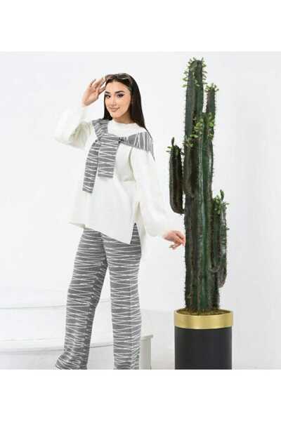 ZAVERA WOMAN Women's Patterned Knitwear 3-Piece Set - Sweater - Scarf - Trousers