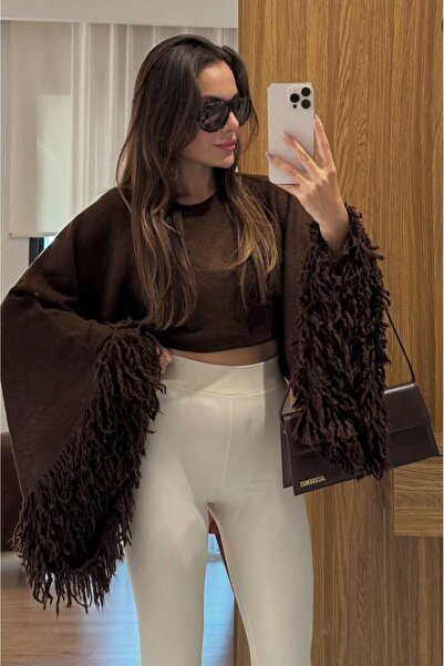 Lunea Womens Women's Brown Tassel Sleeve Crop Knit Sweater