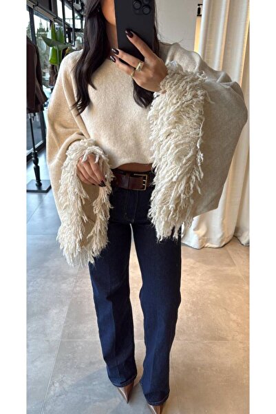 Lunea Womens Women's Beige Tassel Sleeve Crop Knit Sweater