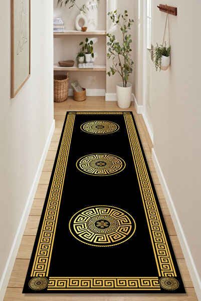 Kessy Home Studio Koridor Halısı & Yolluk Siyah Gold Vintage Desenli Dijital ...