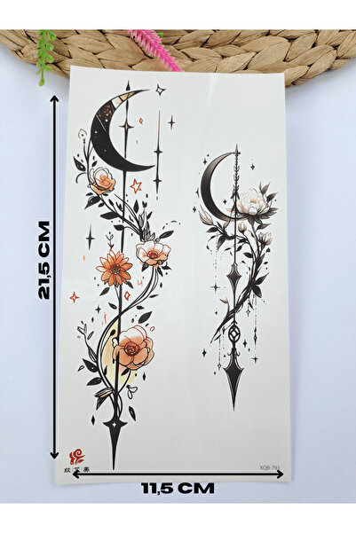 Butik Orta Boy Ay Ve Çiçek Renkli Desenli Geçici Vücut Dövmesi Tattoo 1-2 Haf...