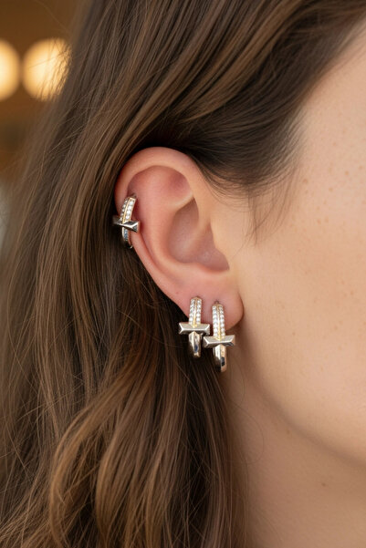 PRVT YSX 14K Altın Kaplama Taşlı Haç Detaylı Halka Küpe Seti – Çelik, Minimal...