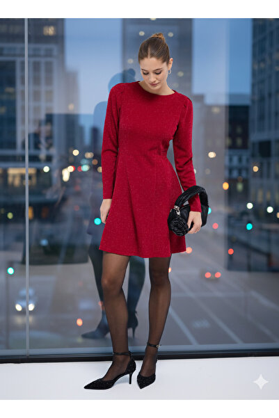 MAG FASHİON Red Dress Glitter Fabric Skirt Flared Dress Graduation Dress