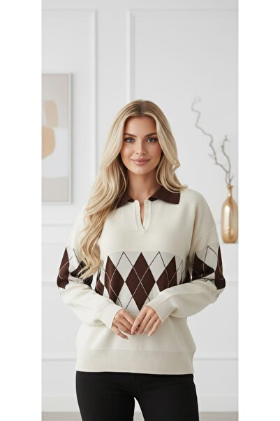 ZARİNCE LİFE Women's Oversized Polo Neck Argyle Patterned Knitwear Sweater 08