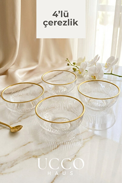 UCCO 4 Adet 9 cm Çerezlik Gold Cam Kase - 110 cc Sunumluk Şık Tabak - Çerez T...