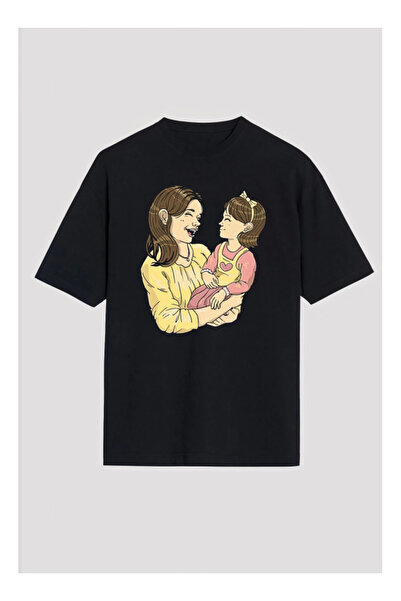 byasafkids تصميم خاص لعيد الأم تيشيرت مطبوع عليه أم وابنتها - أسود