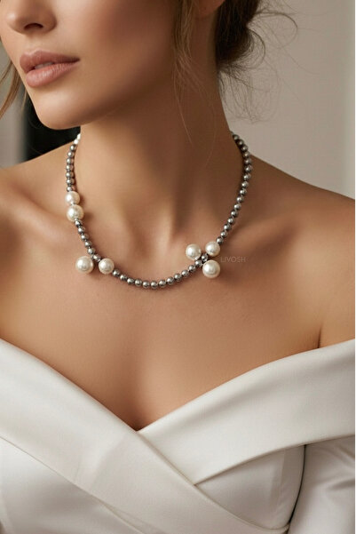 LIVOSH Gray Silver Pearl Choker Necklace Design Necklace
