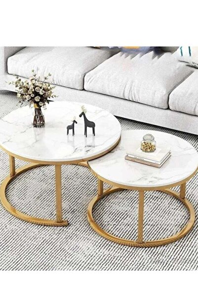 Generic Modern Round Coffee Table Set – Wooden Top with Gold Metal Frame (2 Piece set)