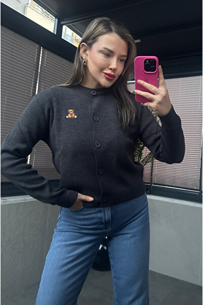 MİR STORE Anthracite Short Knit Cardigan with Teddy Bear Detail