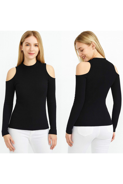 Modanguzel Women's Black Shoulder Cutout Long Sleeve Stretch Fabric Slim Blouse