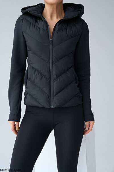 Lunea Womens Kadın Siyah Kontrast Kapüşonlu Cepli Slim Şişme Mont