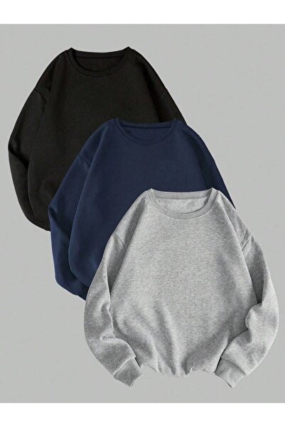 Trend Sizde Siyah Gri Lacivert 3 Lü Set Bisiklet Yaka Sweat