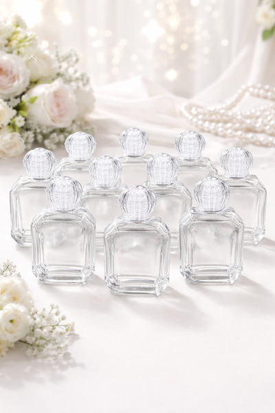 FİORE HEDİYELİK Cam Şişe 10’lu | Kristal Kapaklı Sekizgen Kolonya Şişesi | Düğün Nikah Hediyelik Boş Şişe