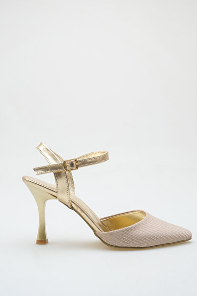 BEEKAMI Gold Sparkling Goblet Heel Pointed Toe Ankle Strap Evening Dress Shoes
