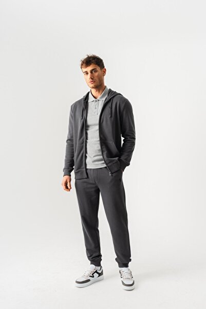 PİERO PERLA Hooded Regular Fit Anthracite Cardigan with Front Zipper